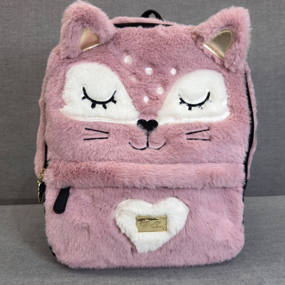 Luv Betsey by Betsey Johnson Pink Faux Fur FoxBackpack Black Faux Leather Trim